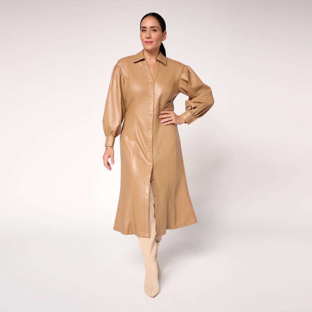 Womens Caramel Faux Leather Retro Puff Sleeve Boho Button Duster Dress Coat 1XP - Picture 10 of 16